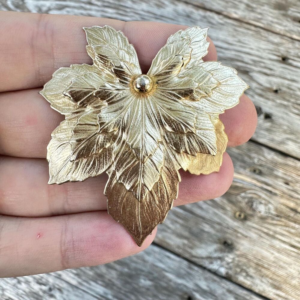 Vintage Gold Tone Leaf Brooch, Stacked Leaf Pin